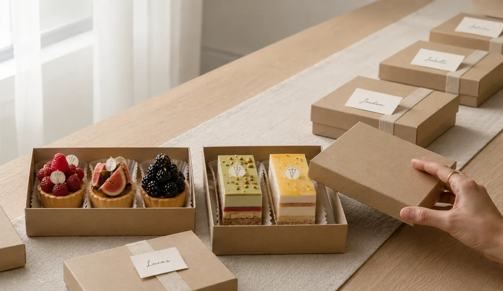 A bright contemporary room: a row of rectangular kraft boxes with handwritten name cards across a light oak table. Morning light filtered through ivory tulle. Two open boxes in the foreground reveal fresh fruit tartlets and layered cake slices. A hand places the lid on the nearest box — the last check before sealing.