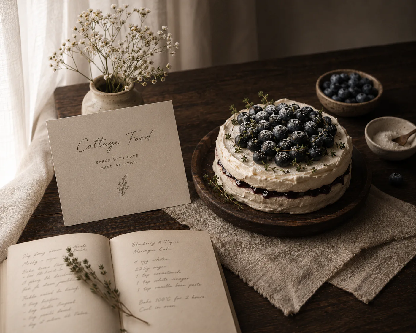 A blueberry-and-thyme meringue cake on a dark oak table beside an open handwritten recipe book, a small Cottage Food card, a ceramic vase of gypsophila, and bowls of fresh blueberries and sugar — one kitchen, one chef, made at home.