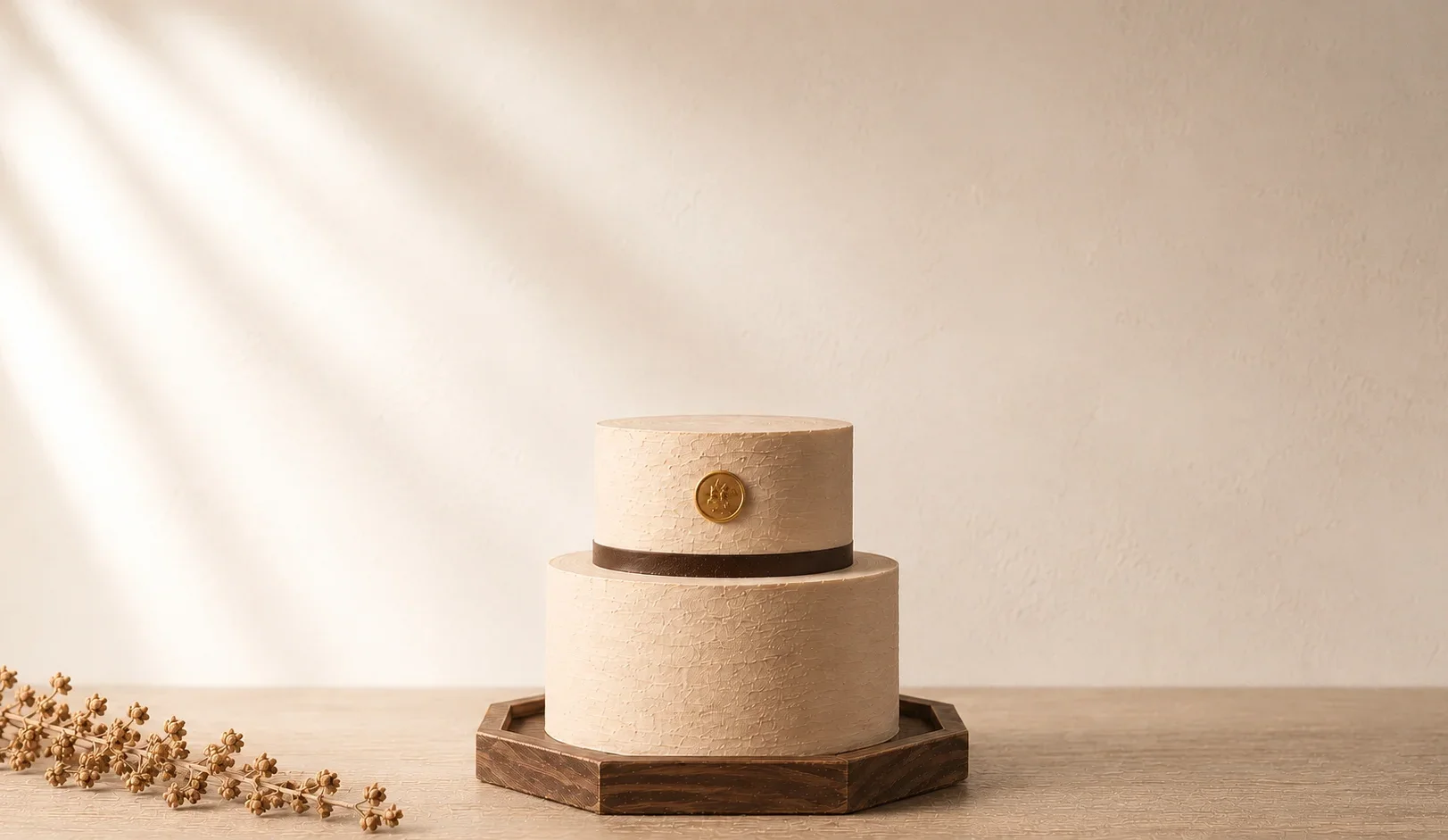 A single two-tier celebration cake on a hexagonal oak plinth, with the maison's brass wax seal pressed into the front face of the upper tier. Lit by warm amber from camera-left, an architectural object photographed at atelier dusk.