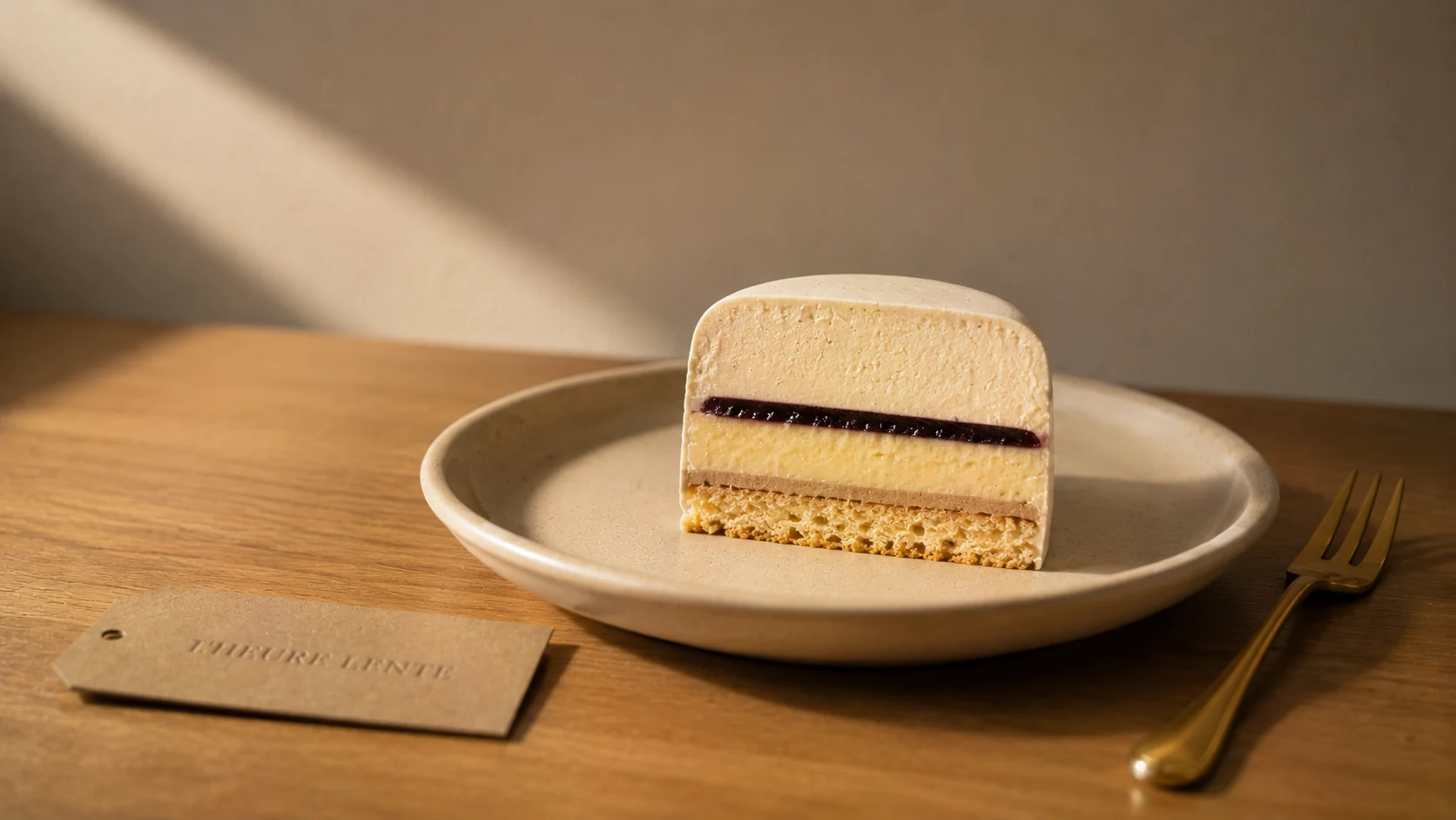 A cross-section of an entremets on a hand-thrown cream ceramic plate — vanilla mousse, a dark fruit-gel insert, custard, praliné, joconde sponge, each layer cleanly visible. A brass dessert fork rests to the right; a small kraft tag debossed L'HEURE LENTE sits at the lower-left. Architectural daylight from camera-left.