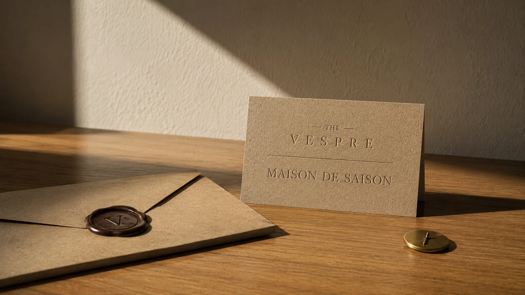 A wax-sealed kraft envelope foregrounded on a smooth oiled oak workbench, beside a kraft card debossed with the maison's wordmark — THE — VESPRE above MAISON DE SAISON. A brass pin sits to the right, catching architectural daylight from camera-left.