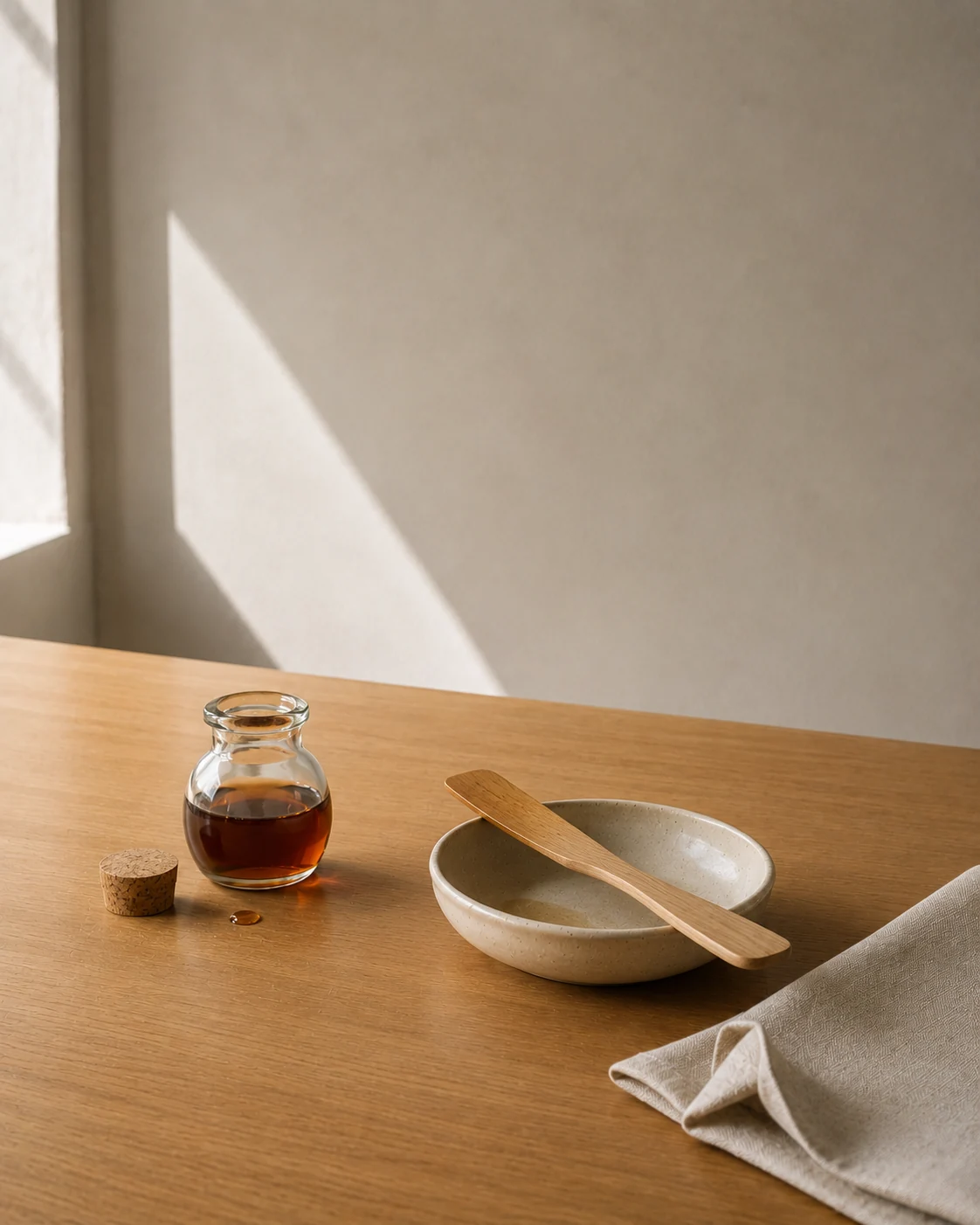 An oiled oak workbench at the slow hour — a glass apothecary jar of dark honey with its cork resting beside it, a wooden spatula laid across the rim of a hand-thrown ceramic dish with faint cream residue inside, a folded linen cloth at the edge. The work has just paused.