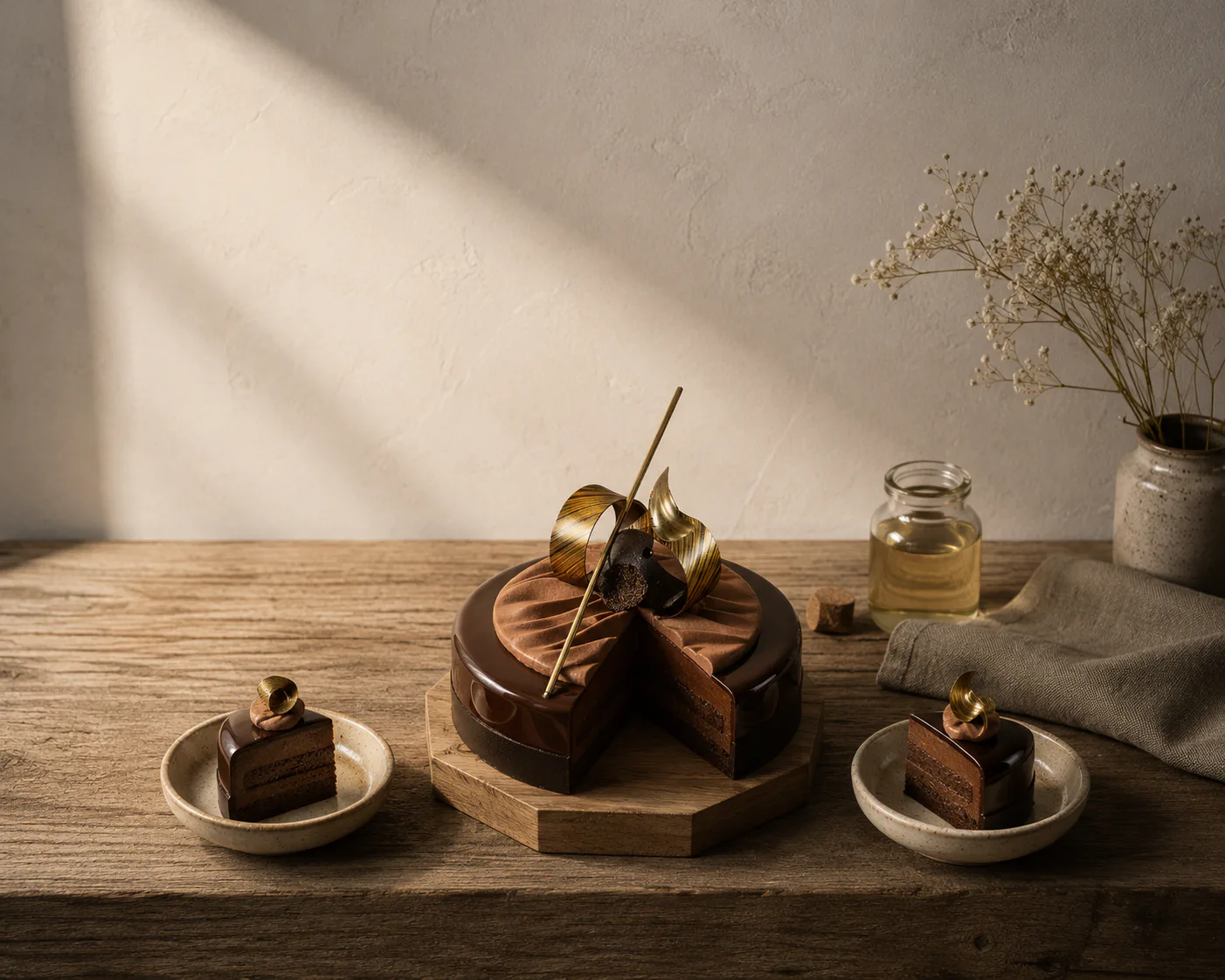 A dark glossy chocolate entremet topped with a chocolate rosette, gilded chocolate sails and a slender brass quill, resting on a hexagonal raw oak plinth at the center of a weathered oak workbench. Two plated slices on hand-thrown ceramic dishes flank the cake; on the right, a small apothecary jar of pale syrup, a folded linen cloth and a ceramic vase of dried gypsophila. A single diagonal of architectural daylight rakes across a cream plaster wall behind.
