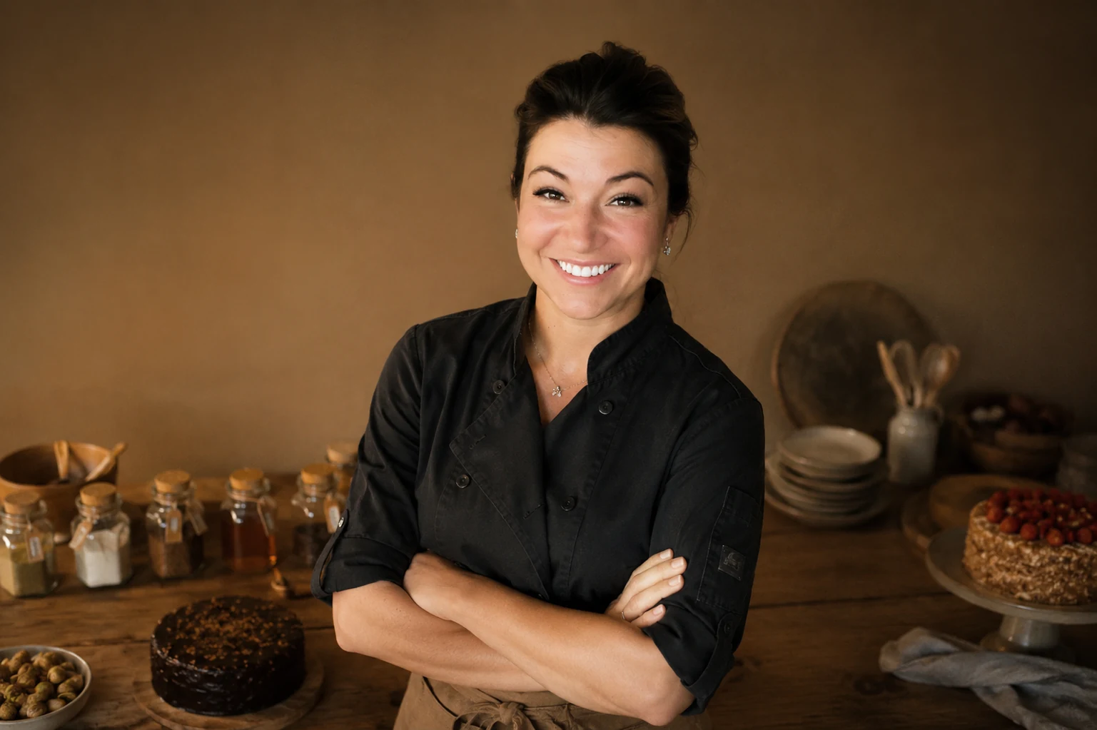 Portrait of Lana Sanders, founder and chef of The Vespre, in her Houston kitchen — black chef’s jacket, brown apron, workbench with ingredient jars and finished cakes.