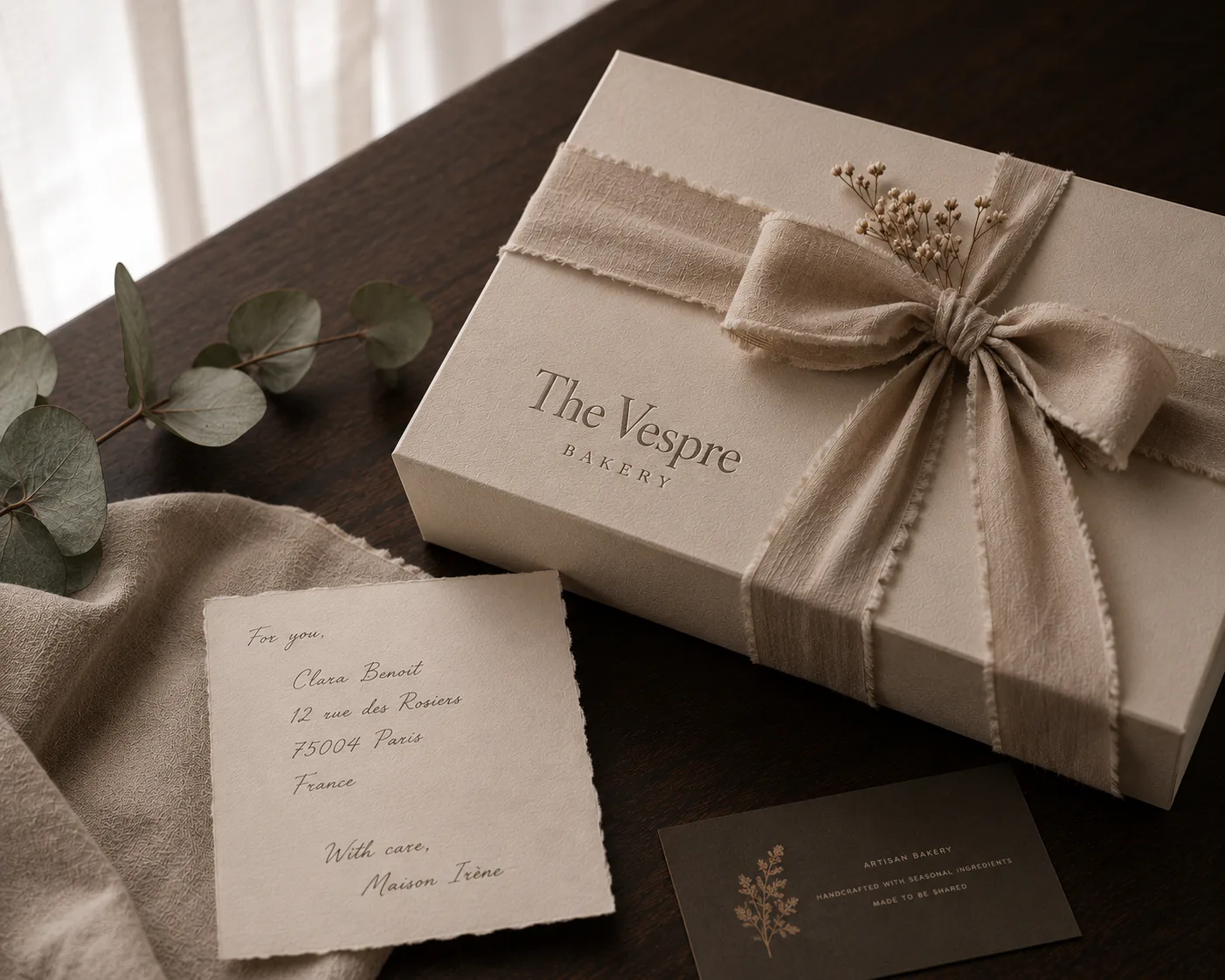 A beige Vespre gift box on a dark oak table, tied with a soft linen ribbon and a sprig of dried gypsophila, beside a eucalyptus stem and a handwritten delivery card — every order placed into your hands.