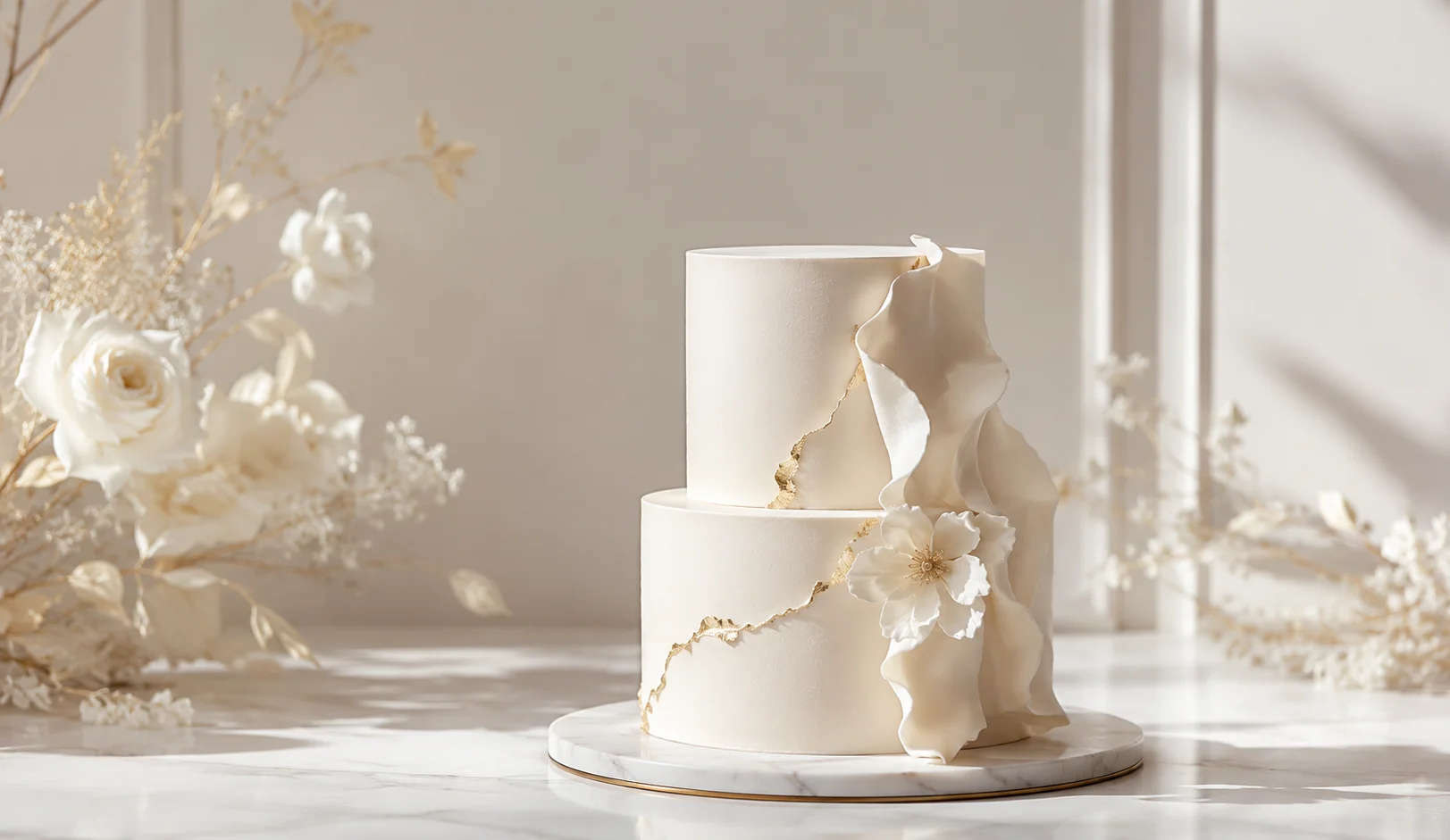 An evening still-life: a tall ivory wedding cake with cascading lily-of-the-valley and dark chocolate accents, beside two lit beeswax candles on a travertine slab against a warm plaster wall.